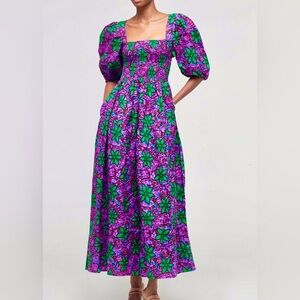 ELISAMAMA African Floral Purple & Green Lola Midi Dress